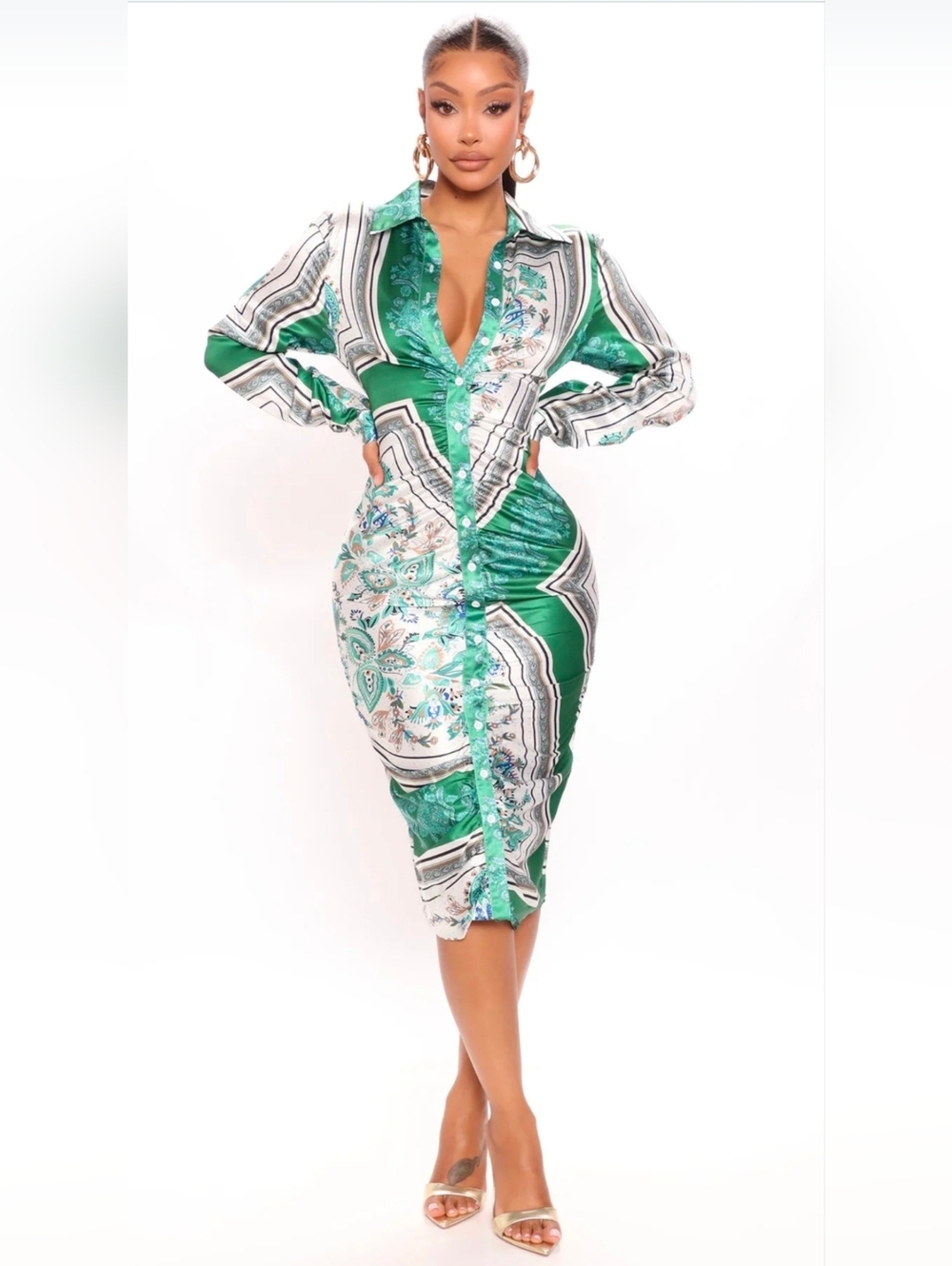 Fashion NOVA XL Green and White Paisley Button-Front Tunic Dress